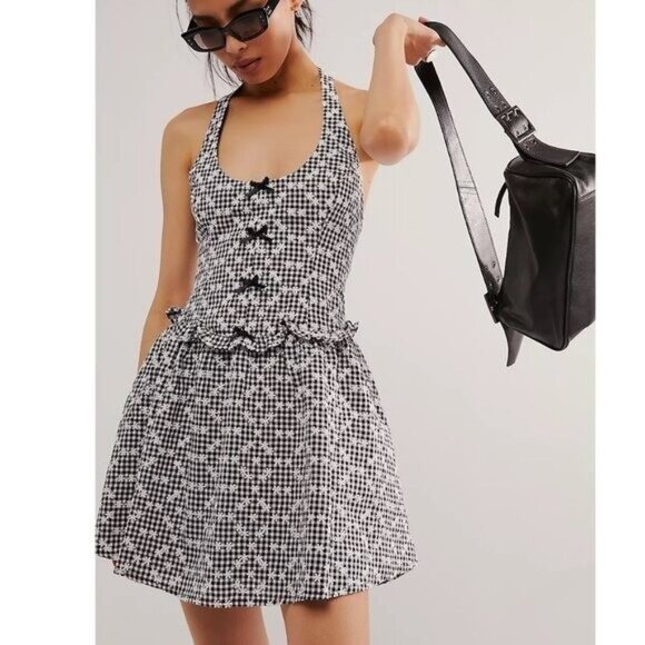 NWT FOR LOVE AND LEMONS JANICE BLACK & WHITE GINGHAM HALTER MINI DRESS SIZE S - Picture 1 of 7